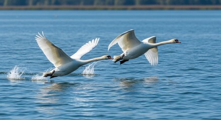 Two graceful swans take flight from a calm blue lake