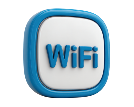 Modern blue wifi icon symbol for wireless internet connection. This 3d render object, glossy button isolated on white, represents hotspot and digital signal