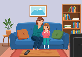 Mother and daughter watching a scary movie together, showing fear and suspense on their faces, a moment of shared family experience