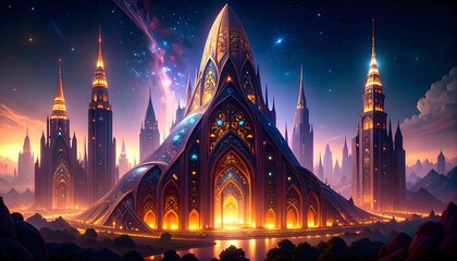 A Majestic, Illuminated City of the Future at Twilight