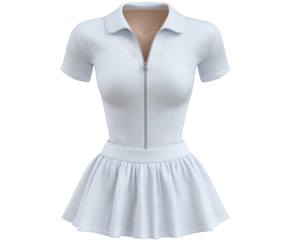 Sporty white tennis outfit with pleated skirt and polo shirt collar. This elegant dress sportswear clothing for player, classic activewear apparel piece for match