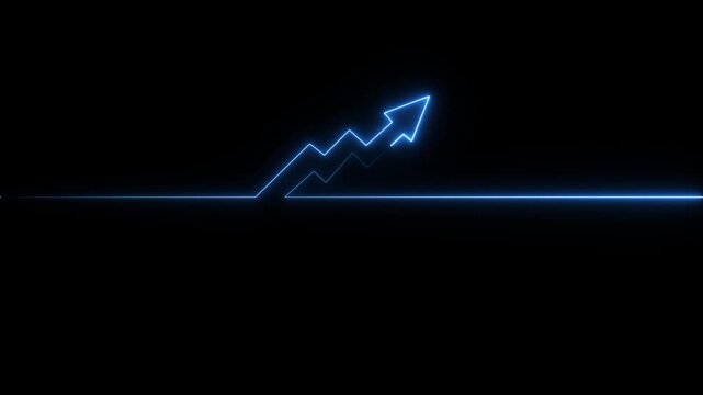Abstract neon arrow business graph chart icon animation background. Market Recovery Concept. Successful growth trend bule line graph going Up. on the black, background Financial data and diagrams