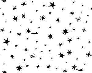 Seamless pattern of hand drawn black stars isolated on transparent background. Simple doodle of a starry night sky. Vector Star Pattern 
