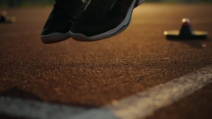 Sports. Cinematic image A focused Caucasian athlete undergoes a standard on an outdoor sports facility at dawn. A man in special training clothes is diligently practicing physical exercises - Powered by Adobe