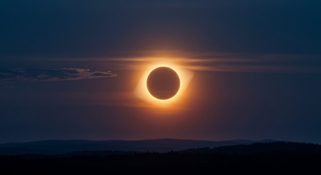 Dramatic Solar Eclipse in the Dark Sky – Rare Astronomical Phenomenon Showing the Moon Covering the Sun with a Glowing Corona, Stunning Space Event, Celestial Beauty, and Cosmic Alignment