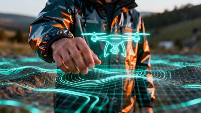 Innovative aerial technology concept with a person interacting with a holographic drone and digital landscape in an outdoor environment, symbolizing future exploration and data collection