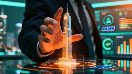 Professional Executive Interacting with Futuristic Holographic Skyscraper Projection and Digital Business Analytics Data in a Modern Urban Development and Smart City Planning Scenario