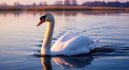Graceful white swan glides serenely across calm water at sunset