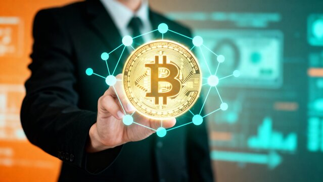 The Future of Finance A Businessman Holding Bitcoin with Data Visualization
