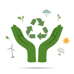 Green hands holding a recycle symbol surrounded by eco icons, solar panel, wind turbine, sun, and leaves, representing sustainability, renewable energy, and environmental protection concept. vecto