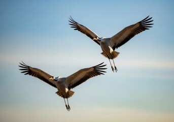 Two majestic sandhill cranes soaring gracefully against a soft blue sky