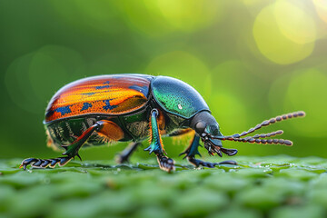 Beautiful beetle crawling gracefully on the lush green ground, showcasing its vibrant colors and intricate patterns in a mesmerizing display of nature's wonders   