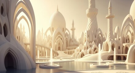 Ethereal white city with towering spires and reflective waterways under soft light
