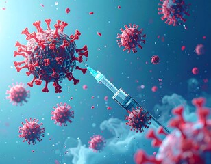 Medical syringe injecting vaccine into virus cells