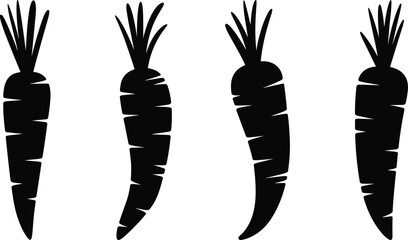 Minimalist black and white carrot icon collection, vegetable silhouette illustration, healthy food design,