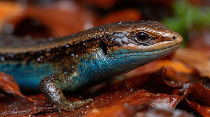 Fototapeta premium Closeup Of A Vibrant Blue Lizard On Wet Leaf Litter In Forest Floor