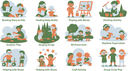 Fototapeta premium TwoTone Illustrations Depicting Preschool Activities Including Reading, Playing, Singing, Crafts, Painting, and Helping with Shoes