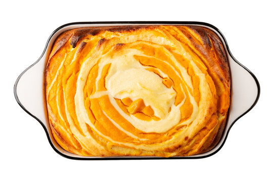 Homemade marble pumpkin cake. Zebra pie isolated on white background. Top view.
