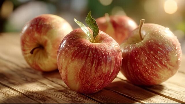 Red apples glisten under sunlight as the apples rest on a wooden surface. The apples' skin is fresh and each apple showcases ripe colors and detailed texture.