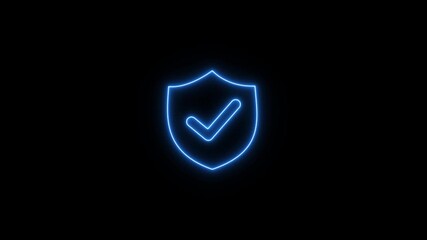 Glowing neon security shield with checkmark signifies protection and validation