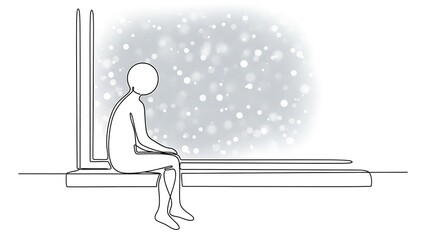 Continous Line Drawing of Person Gazing at Falling Snow Outside Window