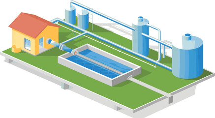 Modern wastewater treatment plant isometric illustration with purification tanks, filtration basins, clarifiers,