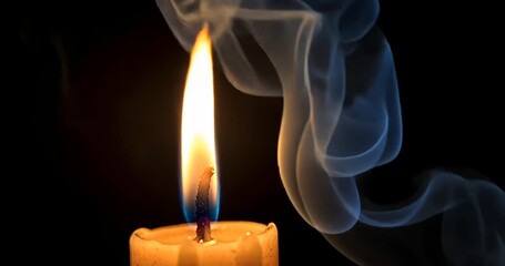 A flickering candle flame emits soft light while smoke curls gracefully against a dark backdrop - Powered by Adobe