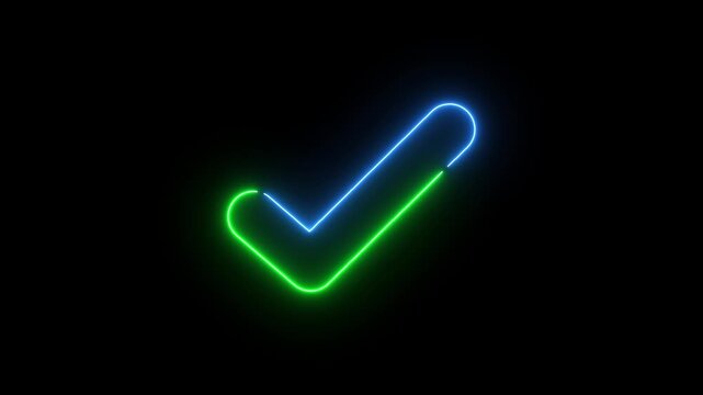 Glowing neon line Tick mark or confirm icon animation. approved, select tick, success . isolated on black screen web design animation element of picked right
