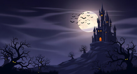 Halloween themed Background with castle ,moon and night 