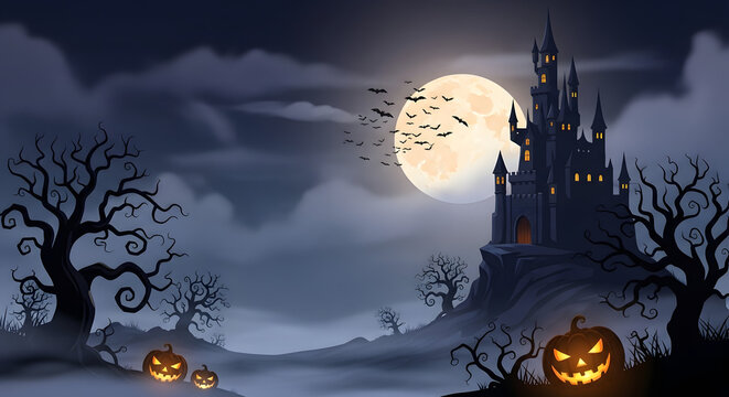 Halloween themed Background with castle ,moon and night 