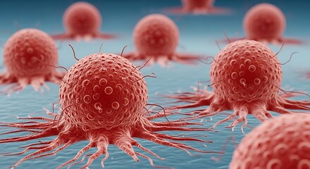 Microscopic Image of Cancer Cells Illustrating Disease and Medical Research with Tentacles and Red Spheres on Blue Background