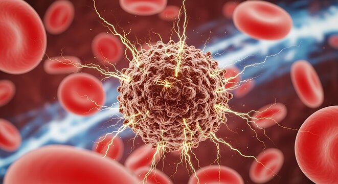 Microscopic View of a Virus with Lightning Effects Amidst Red Blood Cells Illustration Concept