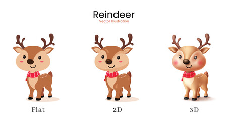 Obraz premium Cute reindeer in flat, 2D, and 3D styles for Christmas vector illustration.