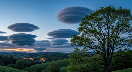 Unusual lenticular clouds hover over rolling hills at sunset