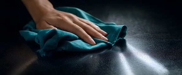 Teal fabric dusting a gleaming charcoal tabletop with a soft clean touch