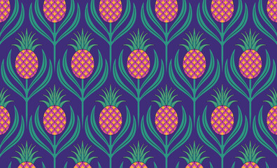 Seamless tropical pineapple pattern with vibrant retro colors on a dark background. Pineapple fruit vector illustration. Vibrant fruit seamless pattern for background, print, textile, surface design.