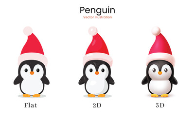 Cute penguin in flat, 2D, and 3D styles for winter and Christmas illustration.