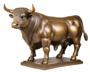 Powerful bronze bull statue, symbol of strength, finance, and optimism. This strong metal figurine sculpture on base represents investment and stock market