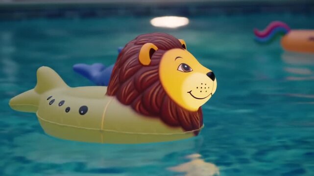 Colorful pool floats with lion and unicorn shapes floating in water