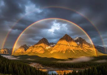 Majestic mountains bathed in golden light under a double rainbow