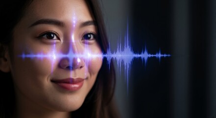 A futuristic concept of voice recognition with an Asian woman's face and a glowing sound wave. Biometric identification and audio analysis technology. Artificial intelligence interface