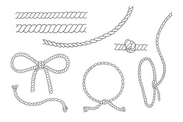 Set of rope knots, round nautical frame and lasso. Outline vector illustrations isolated on white background. Marine sketch