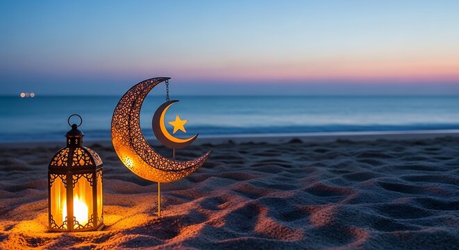 Photo of ramadan lantern and crescent moon decoration on a sandy beach at sunset with the ocean in the background, symbolizing islamic holiday celebration - Powered by Adobe