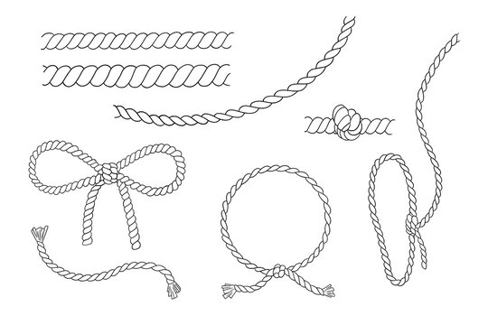 Set of rope knots, round nautical frame and lasso. Outline vector illustrations isolated on white background. Marine sketch