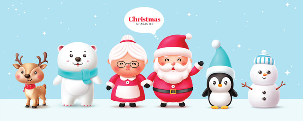 Cute 3D Christmas character set with Santa, Mrs. Claus, reindeer, polar bear, penguin, and snowman.