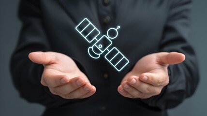 A person s open hands gently presenting a glowing digital satellite icon symbolizing global communication and technological advancement