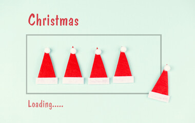 Christmas loading progress bar, red santa claus hat in a row, countdown of winter holiday season, greeting card
