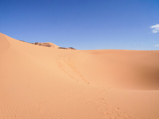 Landscape of the Red Tadrart with dunes and rock formations at sunrise in the Sahara Desert, Algeria.