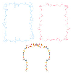 Frames of ribbons and flags. Watercolor Illustration. Children's garlands, festive ribbons, set is isolated on white background. For respondents, invitations for holidays and birthday, to gender party