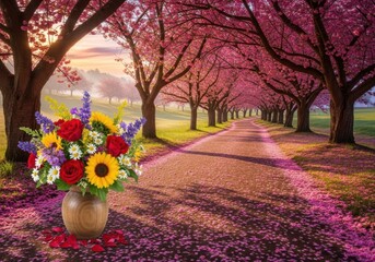 Vibrant flower bouquet on a sunlit path lined with blooming cherry blossom trees